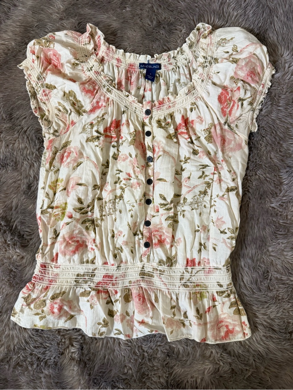 Bandolino Cream Blouse with Pink Floral Print and Ruffled Peplum